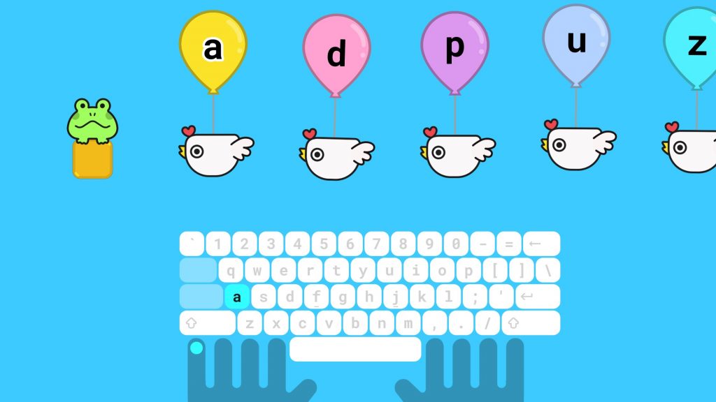 A computer keyboard underneath cartoon birds flying with lettered balloons above them