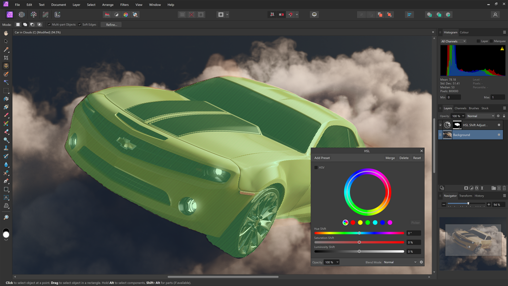 A screenshot of Affinity Photo 2 with Object Selection being applied to select a car in an image of a car with smoke all around it.