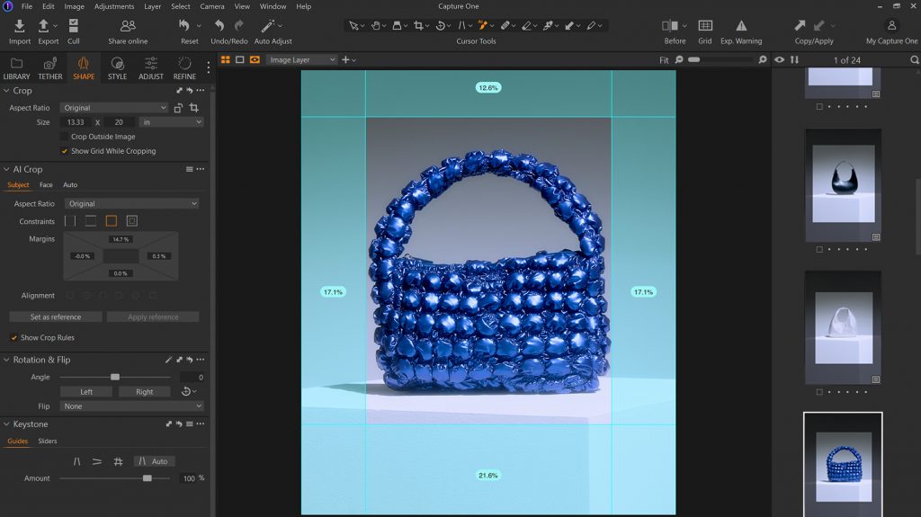 A screenshot of the Capture One application where there is a crop reference set on an image of a purse in order to use the AI Crop feature. AI Crop is displayed on the right hand side of the screenshot where it's consistently applying the crop to other images.