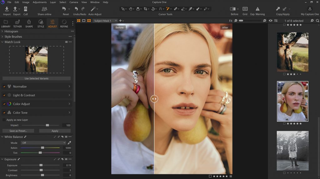 A screenshot of the Capture One application, where the Match Look feature is being applied to an image of a woman holding pears to her ears.