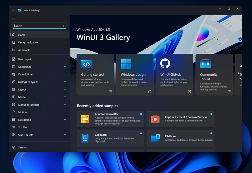 The WinUI 3 Gallery app showcased in dark mode