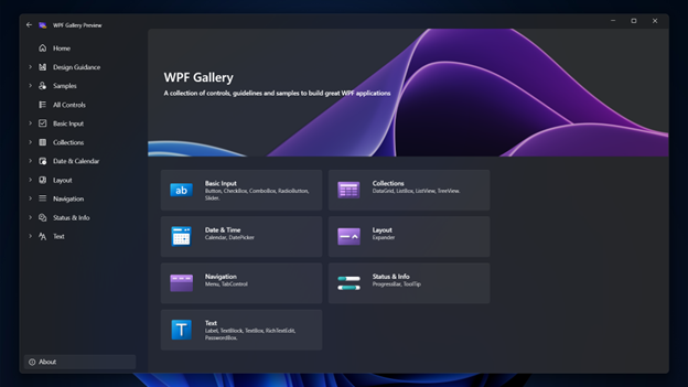 WPF Gallery app showcased in Dark mode