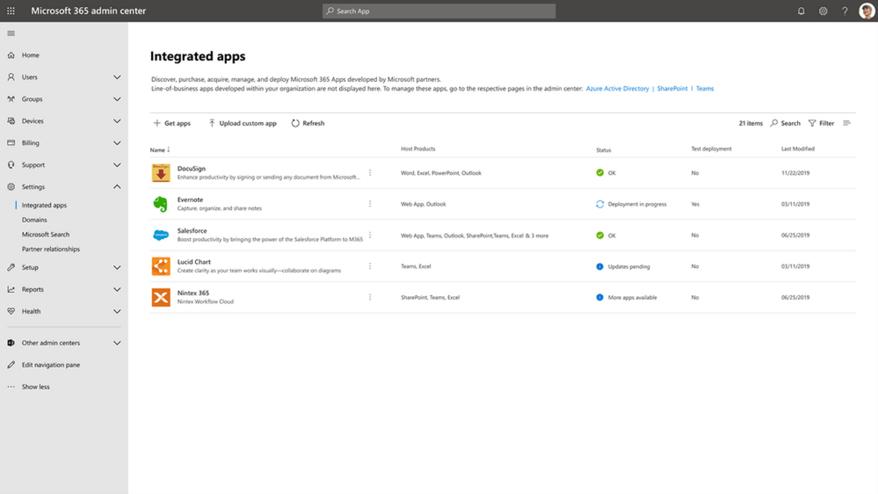 Microsoft 365 管理センター内の統合アプリの表示画面