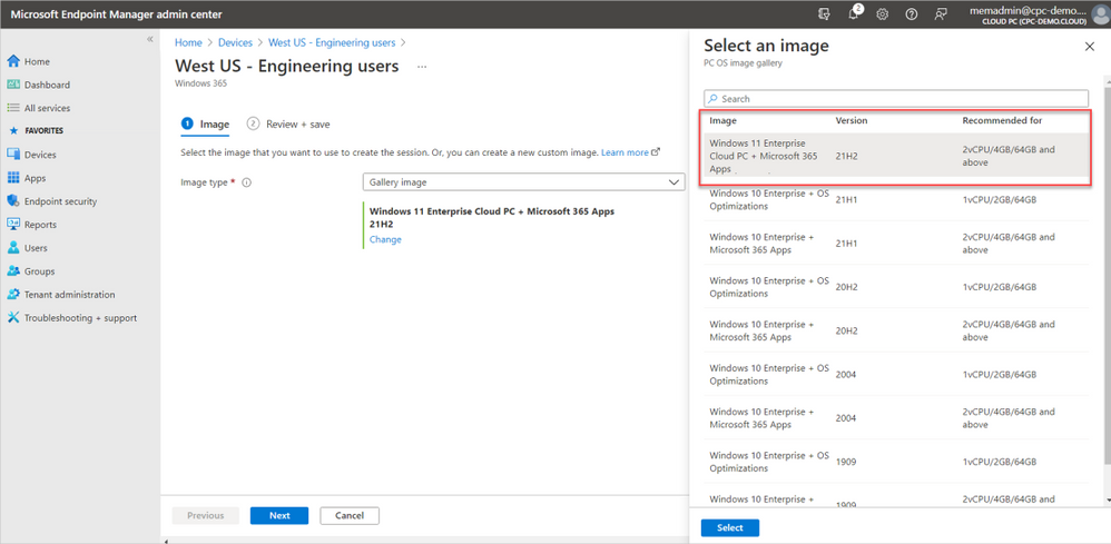 Microsoft Endpoint Manager 管理センターから Windows 11 Enterprise イメージを選択