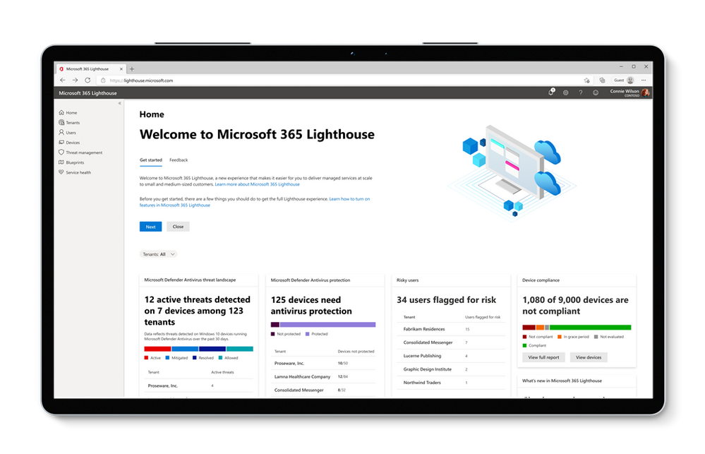 複数のお客様のアラートをひとめで把握できる Microsoft 365 Lighthouse のホームページ。