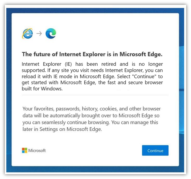 Microsoft Edge にリダイレクトされることをユーザーに通知するメッセージ例。