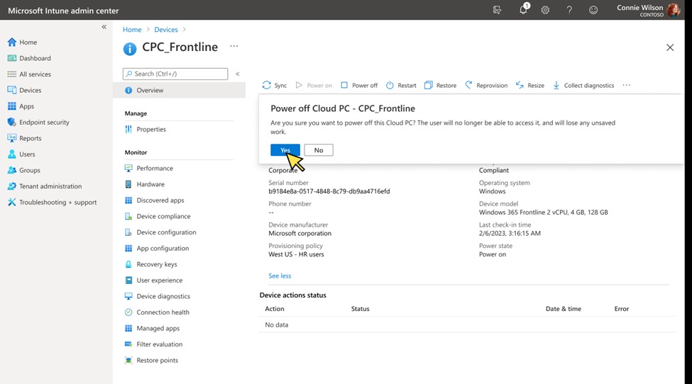 Microsoft Intune管理センターのCPC_Frontlineメニューのスクリーンショット「クラウドPC の電源を切る - CPC_Frontline 」ポップアップの 「はい」の上にカーソルがある
