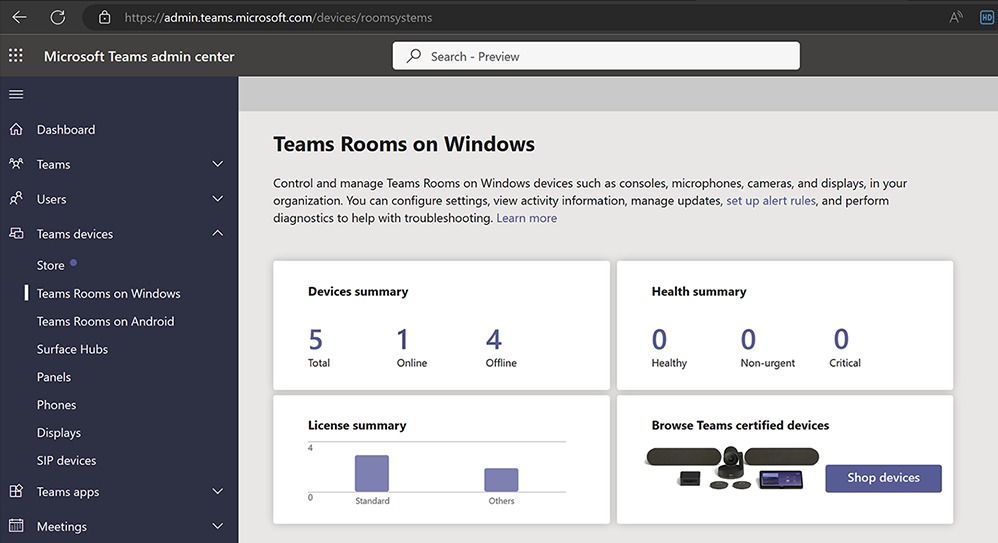 Microsoft Teams 管理センター上での Windows 版 Teams Rooms の管理