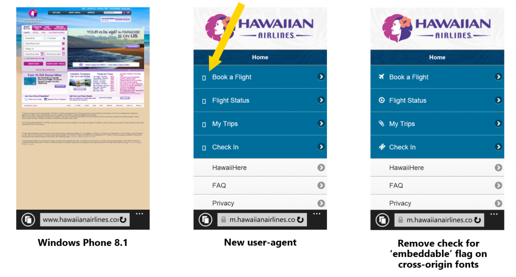 Screenshot showing example of implementing a more interoperable inter-agent string and deviating from the standard for cross-origin fonts improved rendering on hawaiianairlines.com