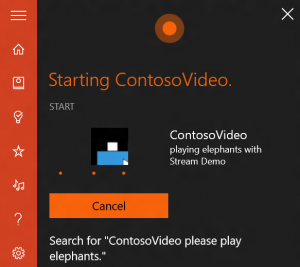 Screenshot showing the Contoso Video UWP app being launched via Cortana