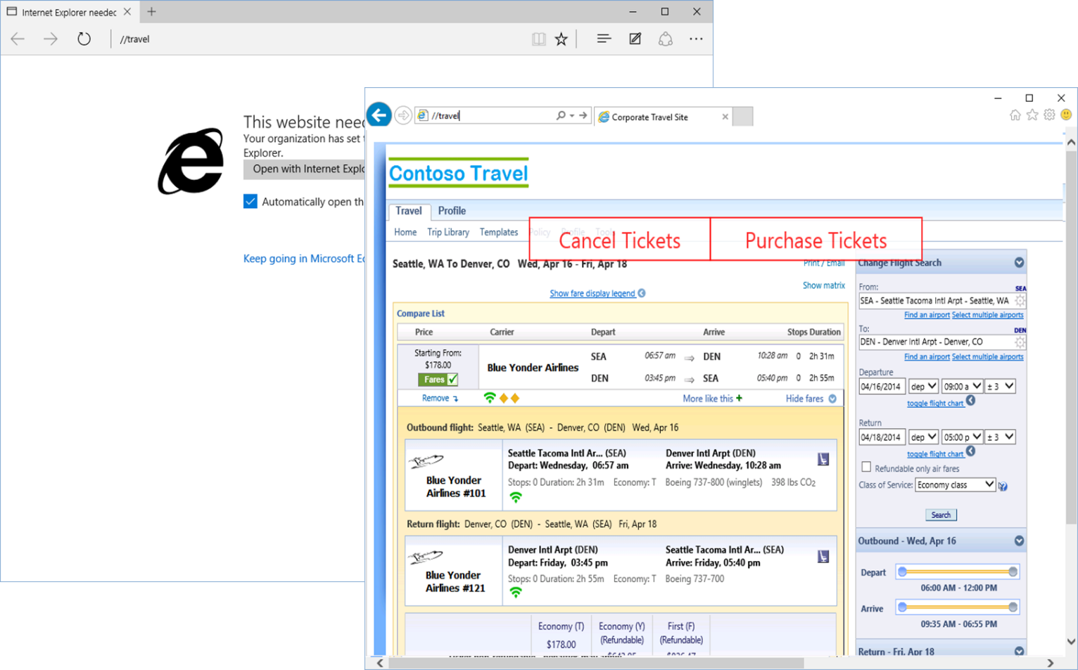 Screen capture showing Microsoft Edge handing navigation to Internet Explorer 11