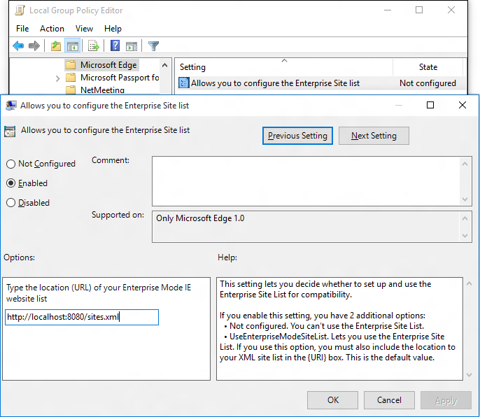 "Allows you to configure the Enterprise Site list" Group Policy option