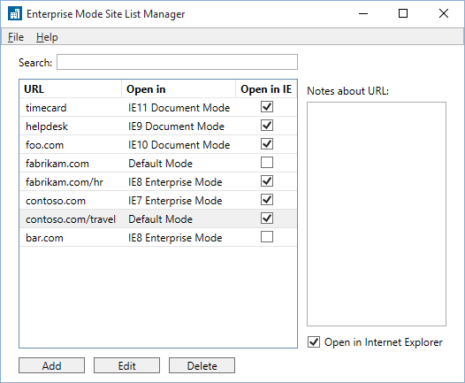 Screen capture of Enterprise Mode Site List view