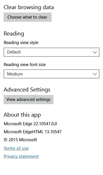 Mockup of settings pane showing Microsoft Edge and EdgeHTML versions