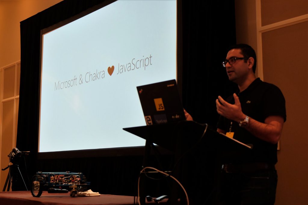 Photo of Gaurav Seth on stage at JSConf US Last Call announcing ChakraCore