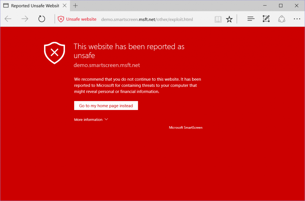Screen capture showing a Microsoft Smartscreen "Unsafe website" warning in Microsoft Edge