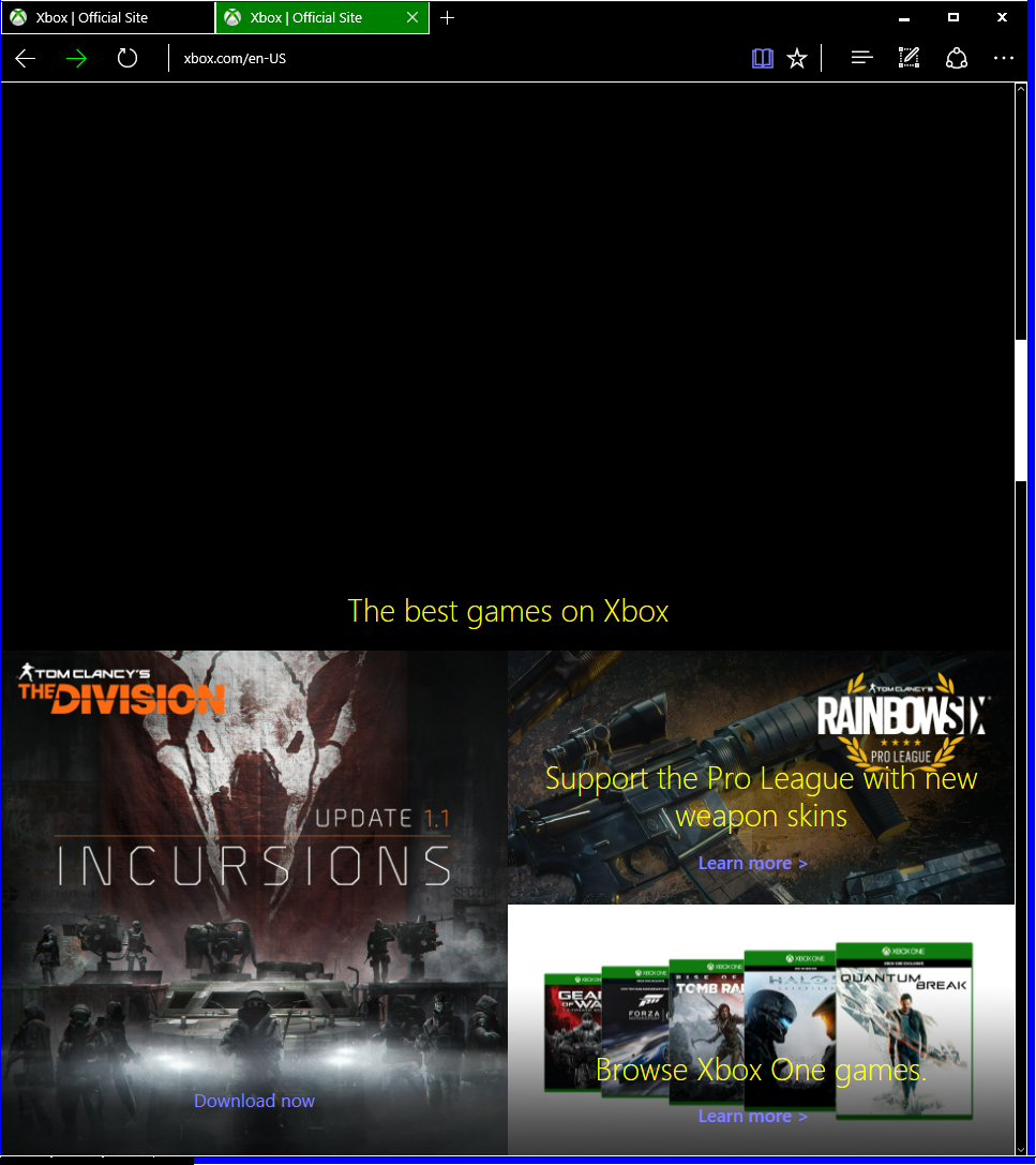 Screen capture showing xbox.com in IE's high contrast mode. The main foreground content is entirely blacked out with only a heading and secondary content elements visible.