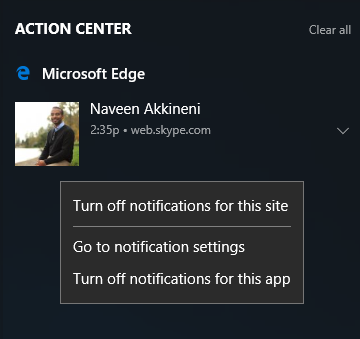 Screen capture showing Action Center open with a web notification from Microsoft Edge. The context menu is open with options to turn off notifications for the site, go to notification settings, or turn off notifications for the app.