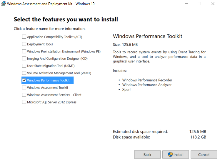 Screen capture showing the Windows Assessment and Deployment Kit installer. The "Windows Performance Toolkit" feature is checked.