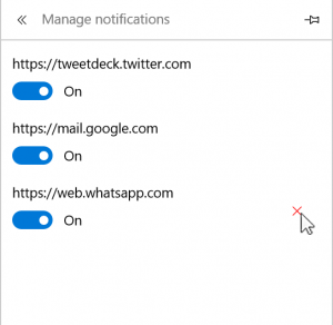 Screen capture showing per-domain notification controls in Edge "Advanced Settings"