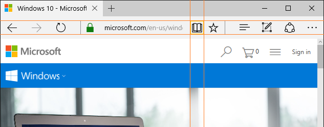 Screen capture of the Reading Mode button in Microsoft Edge