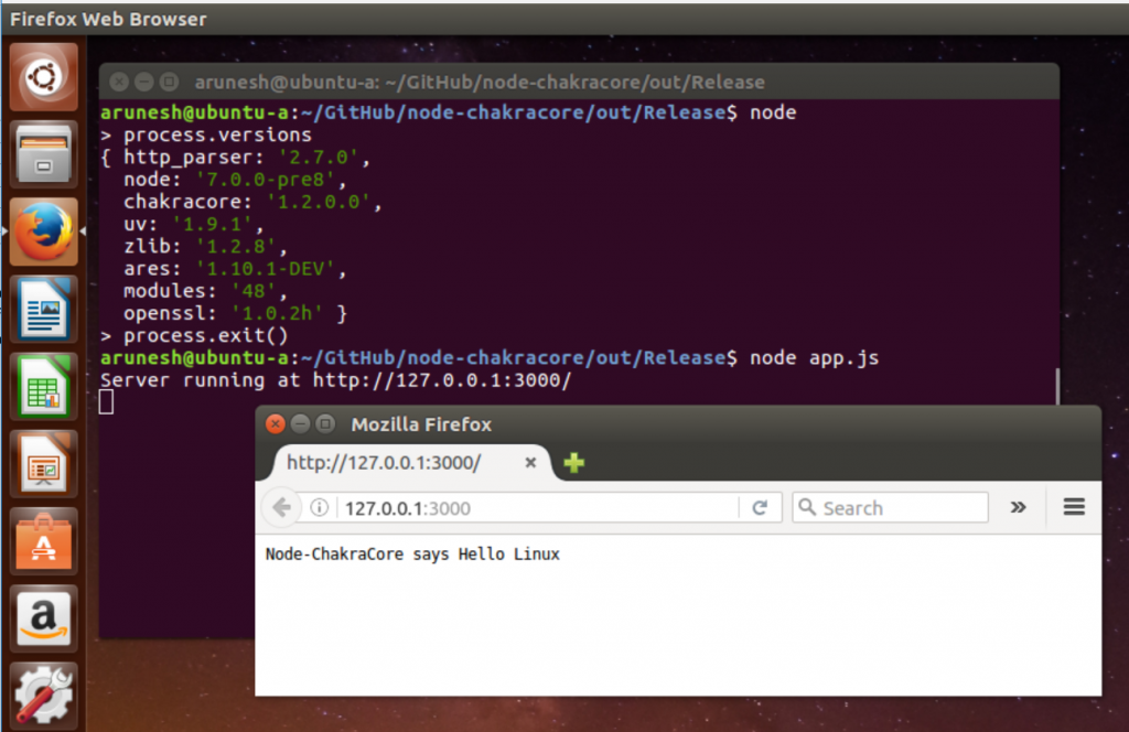 Screen capture showing an http-server sample running with ChakraCore on Ubuntu