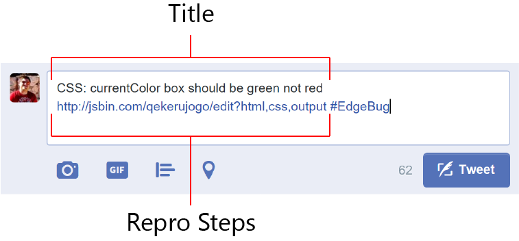 Screen capture of a tweet composition box. The tweet contains a descriptive title, a link to a reduction hosted on JSBin, and the hashtag #Edgebug