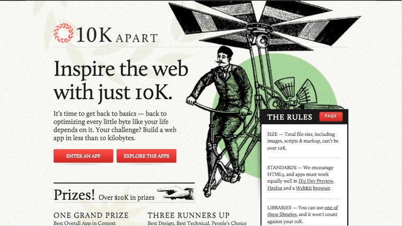 Screen capture of the 10K Apart 2010 page, with a hero illustration of a pedal-powered flying machine.
