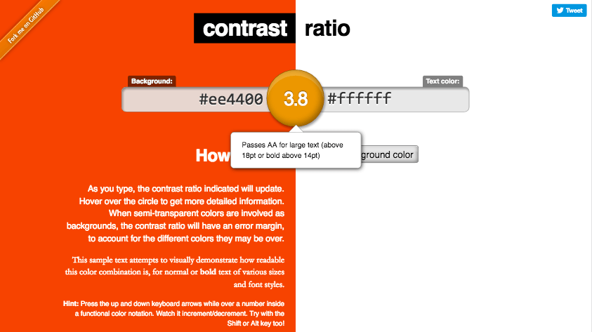 Screen capture of Lea Verou's Contrast Ratio checker, showing contrast ratio comparisons for different color pairs.