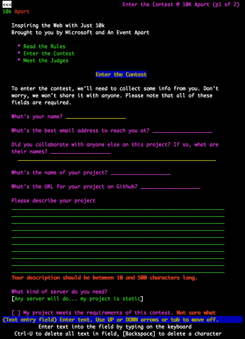 Screen capture showing the 10K Apart contest form in the Lynx web browser