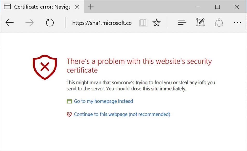 Screen capture showing Microsoft Edge when browsing to a site protected with a SHA-1 certificate