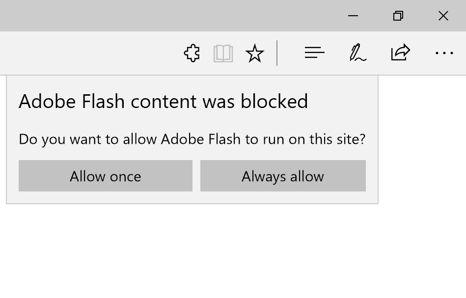Screen capture showing a dialog box in Microsoft Edge that reads "Adobe Flash content was blocked" with the options "Allow once" and "allow always"