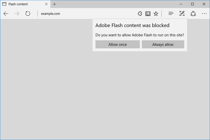 Screen capture showing an Edge browser window with a dialog from the address bar which reads "Adobe Flash content was blocked. Do you want to allow Adobe Flash to run on this site?" The options are Close, Allow Once, and Allow Always.