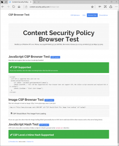 Screen capture of the Content Security Policy Browser Test loaded in Edge, with CSP and CSP Level 2 both passing.