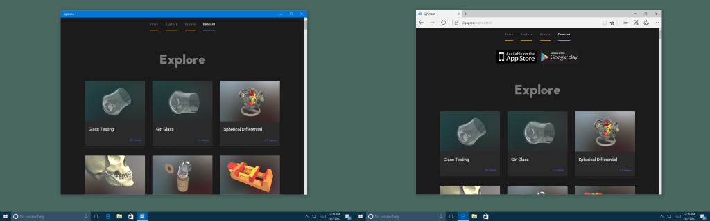 Screen capture showing http://jig.space open in Microsoft Edge and as a native app on Windows 10