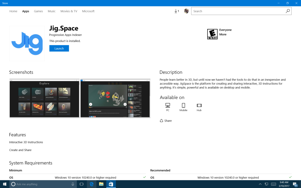 Screen capture showing Jig.Space hosted in the Windows 10 Store