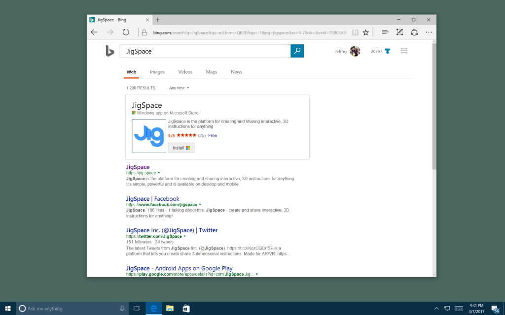 Screen capture showing Bing search results for JigSpace, featuring the "Jig.Space" Windows App featured in the search results.