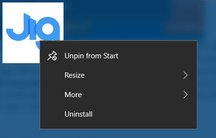 Screen capture showing the Jig.Space web app installed in the Windows Start Menu. A context menu is open, with options to Pin/Unpin, Resize, Uninstall, and more.