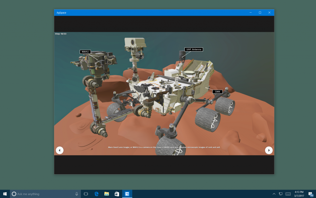 Screen capture showing the Jig.Space app open to a 3d image of a Mars rover.