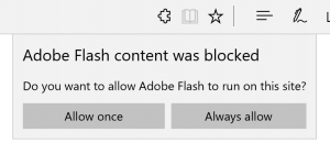 Screen capture of a prompt in Microsoft Edge reading "Adobe Flash content was blocked."