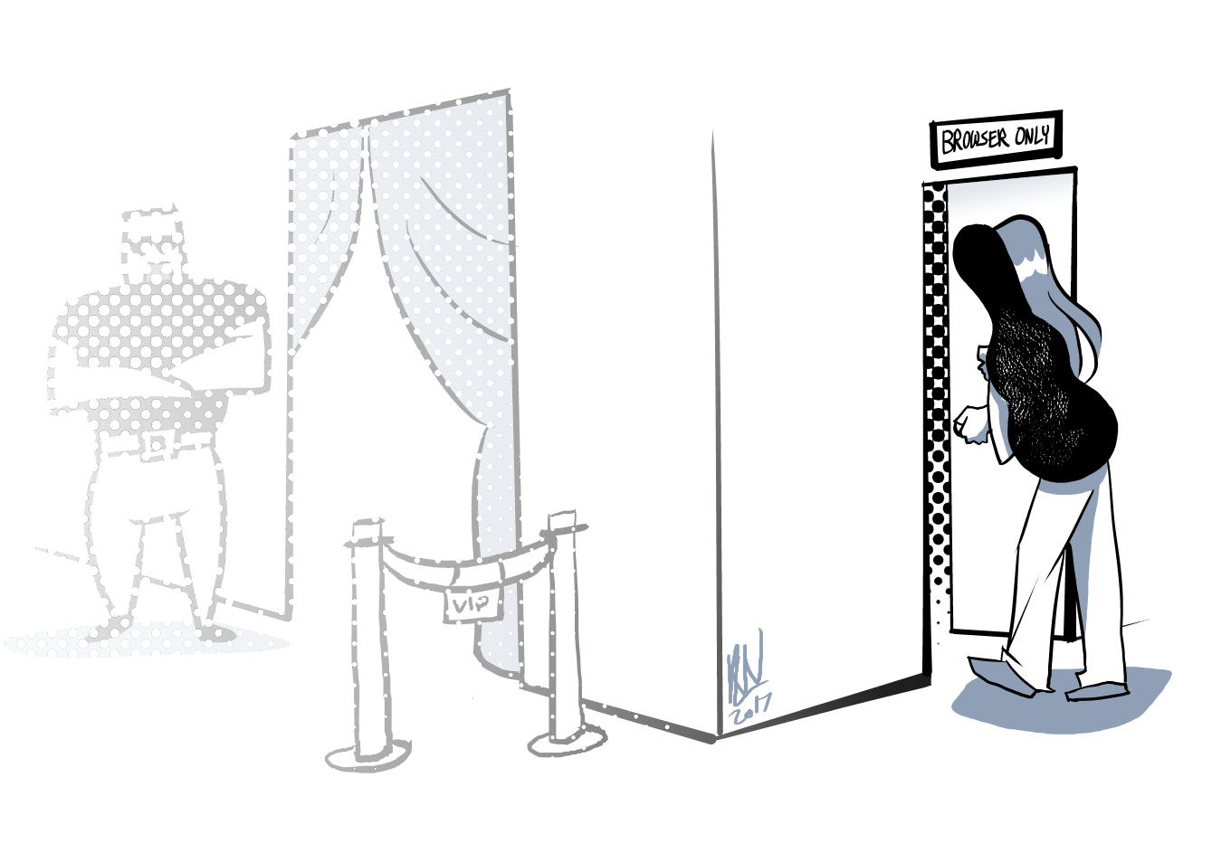Illustration showing a band member entering the club through a side door, labelled "Browser Only"