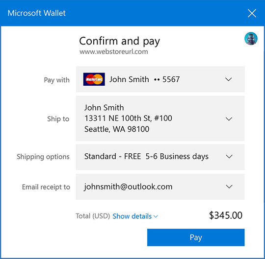 Screen capture of a Microsoft Wallet dialog box with shipping and payment information.