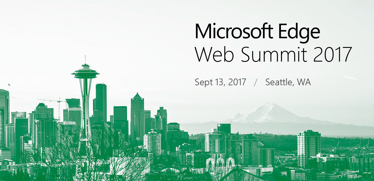 Duotone photo of Seattle with superimposed text reading "Microsoft Edge Web Summit 2017, September 13th, 2017, Seattle, WA"