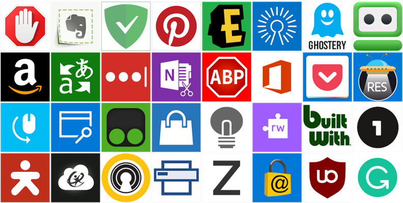 Logos from a selection of Microsoft Edge extensions currently in the Windows Store