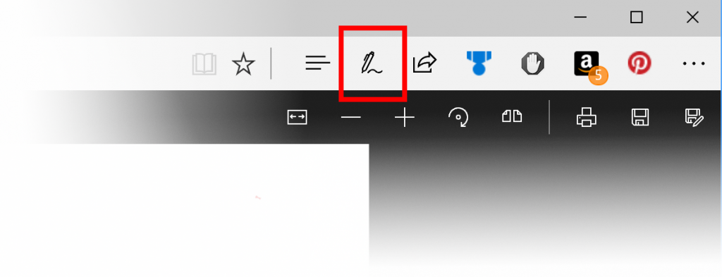 Screen capture showing the "Add note" (pen) icon highlighted in Microsoft Edge