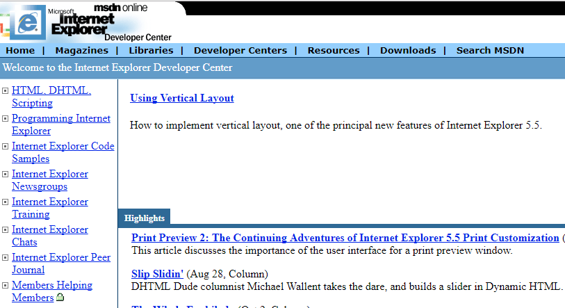 Screen capture of Microsoft Internet Explorer Developer Center on MSDN Online, circa 2000. Courtesy of the Internet Archive Wayback Machine