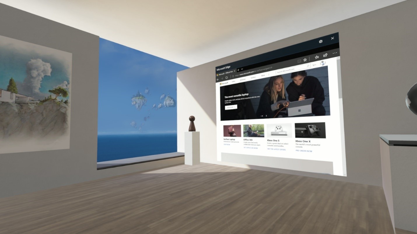 Screen capture showing Microsoft Edge running in 2D inside a Mixed Reality headset