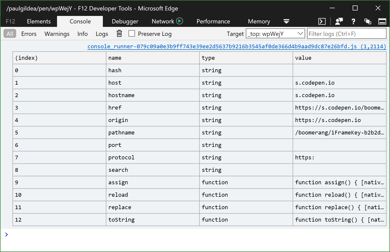 Screen capture of the DevTools Console output showing a formatted table with four columns.