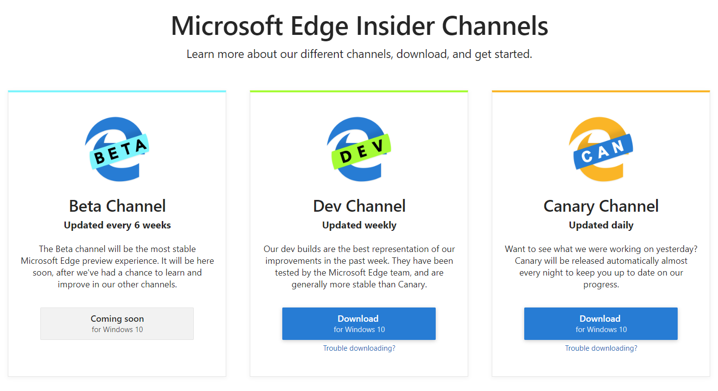Screenshot of download page showing three Microsoft Edge Insider Channels - Beta Channel, Dev Channel, and Canary Channel
