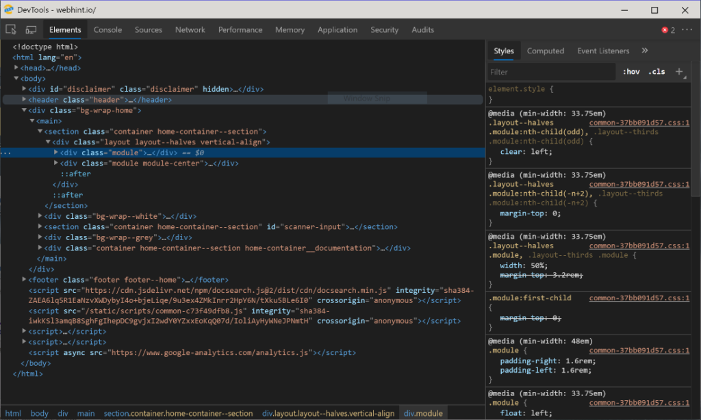 Screen capture of the Microsoft Edge DevTools in the default "Dark Theme" 